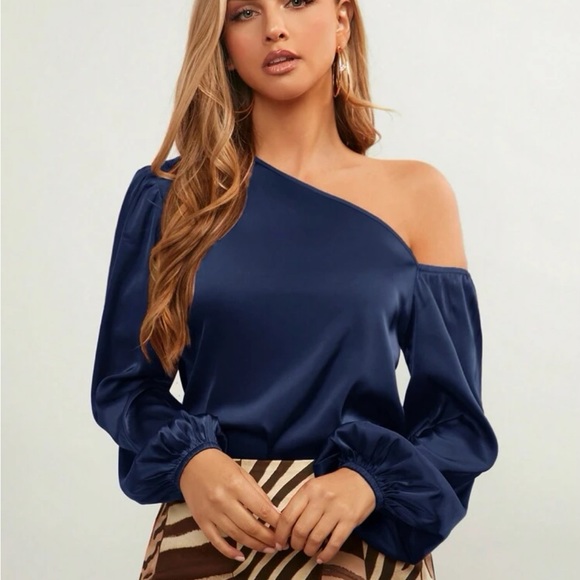 Luxe Satin Asymmetrical Neck Off One Shoulder Long Sleeve Satin Top Blouse - Picture 14 of 16